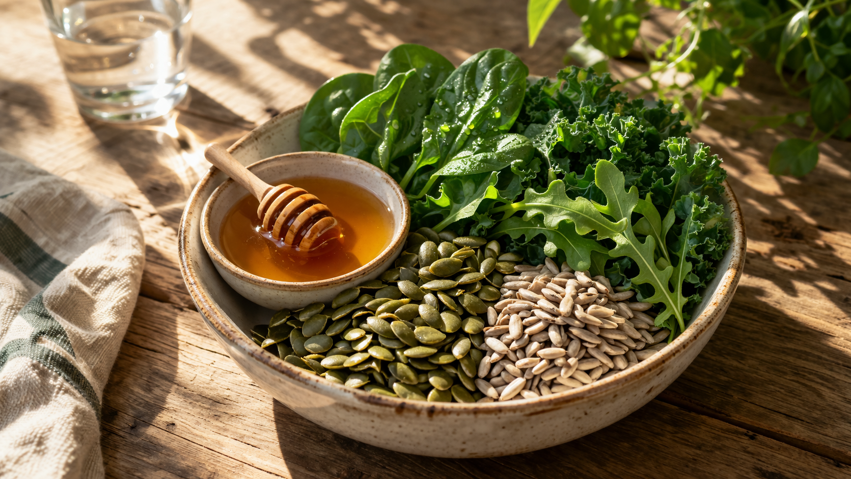 Bowl of natural ingredients including honey, pumpkin seeds, sunflower seeds, and fresh green leafy vegetables on a wooden table with natural morning light